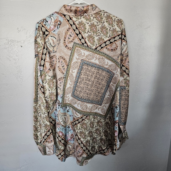 Acoa Women's Large Patchwork Satin Long Sleeve Button Up Blouse Beige Blue Green - Picture 7 of 7